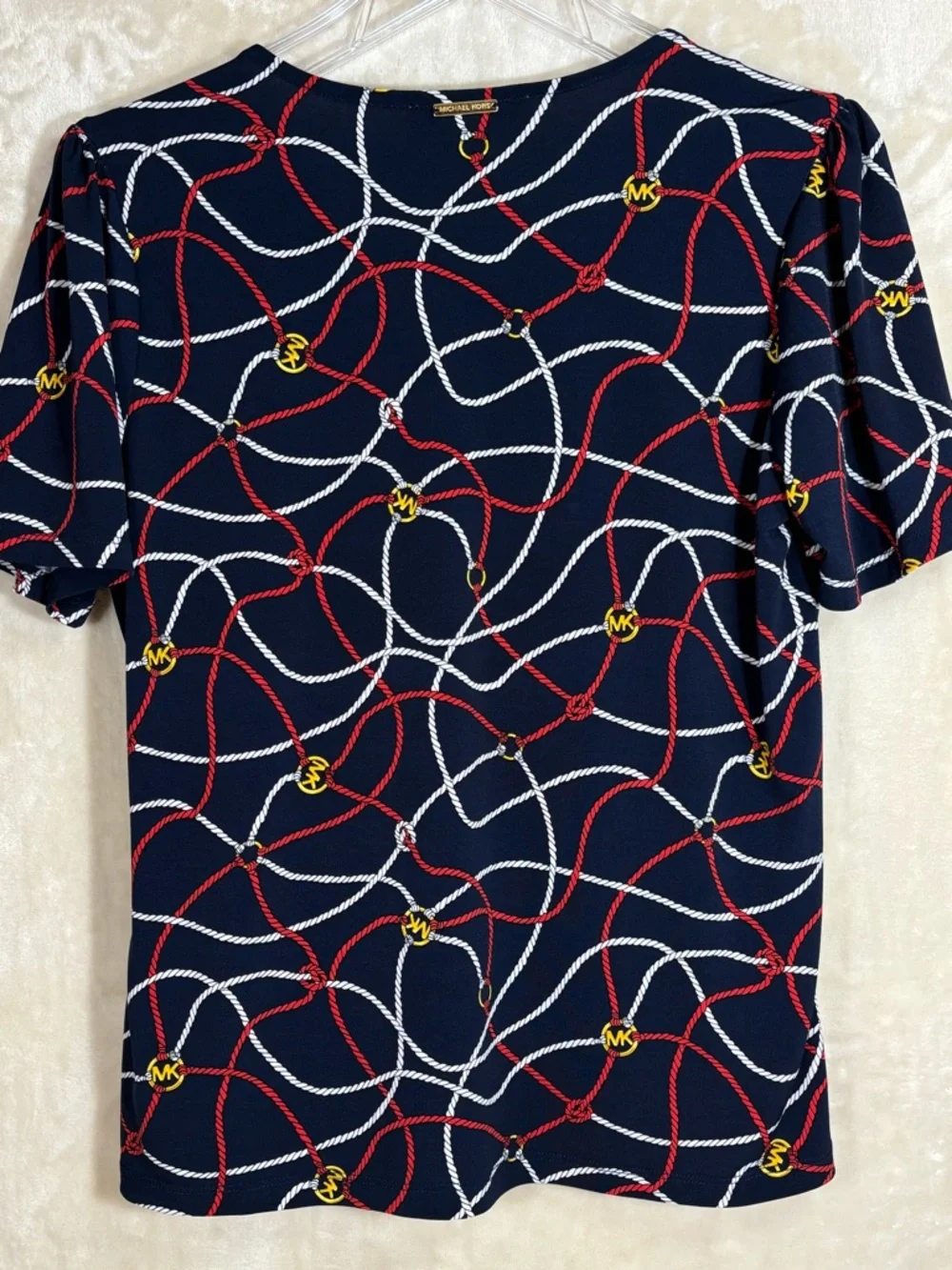 Michael Kors Navy Short-Sleeve Wrap Blouse with Red, White & Yellow Rope Motif